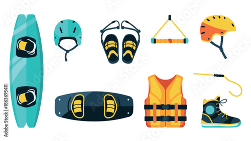 Colorful water sports gear and equipment collection on white background