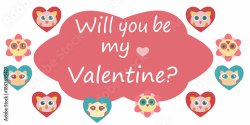 Cute owls and hearts asking will you be my valentine illustration