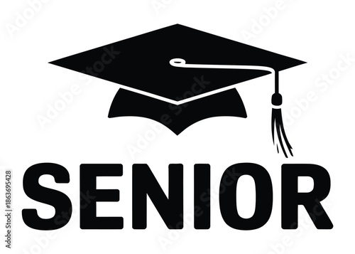 Black silhouette of graduation cap sits above bold text announcing senior.
