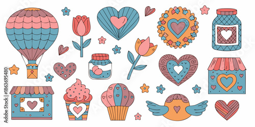 Colorful illustration of a hot air balloon hearts sweets and decorative elements