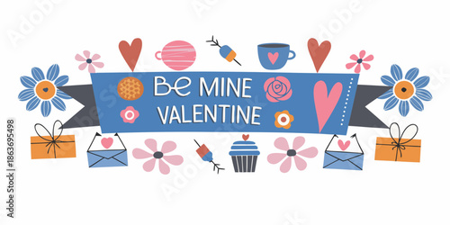 A colorful valentine s day banner with hearts gifts and floral decorations