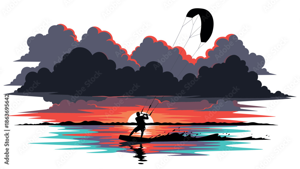 Obraz premium Vibrant kitesurfing scene at sunset with dramatic cloudscape and colorful reflections