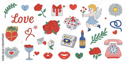 A collection of romantic illustrations hearts roses cupid and love themed gifts