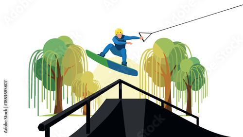 Extreme wakeboarding adventure with trees and ramp in vibrant style