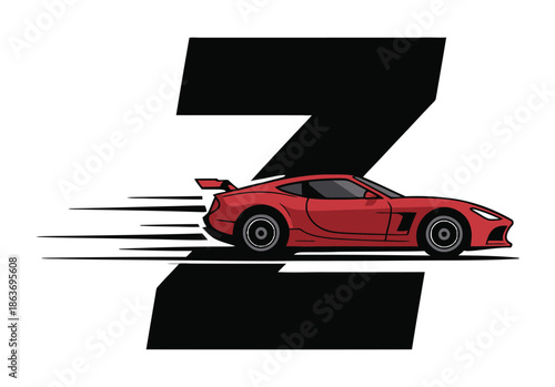 Side profile illustration of a red racing coupe moving swiftly past a.