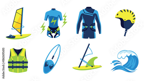 Vibrant windsurfing gear and accessories set with dynamic elements