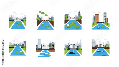 Urban riverfront cityscape with bridges and buildings in flat style
