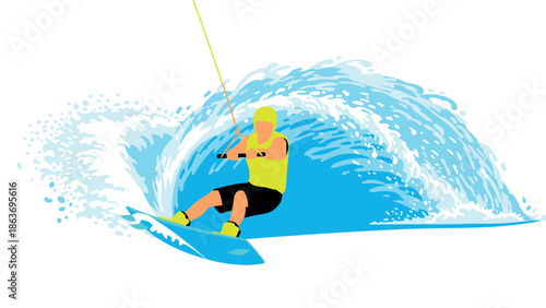 Wakeboarder in dynamic move with large ocean wave background
