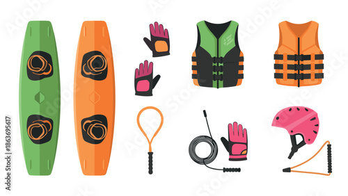 Wakeboarding gear set: boards, vests, helmets, ropes, gloves in flat design
