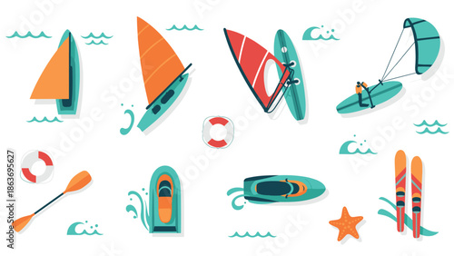 Colorful summer water sports: kayaks, sailboats, and more in minimalist design