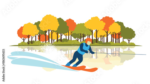 Autumn water skier gliding on reflective lake amidst vibrant fall trees