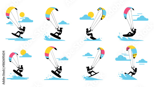 Silhouette kiteboarding adventure: dynamic sea and sky actions with colorful kites