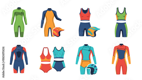 Collection of modern wetsuits and helmets for water sports enthusiasts