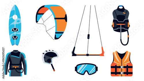 Kitesurfing gear collection: modern watersport equipment in flat design