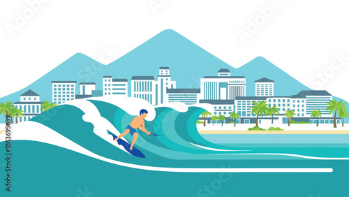 Surfer riding wave near tropical city skyline in flat design