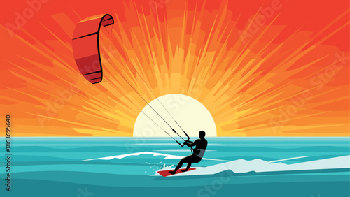 Kitesurfer silhouette at vibrant sunset over ocean waves