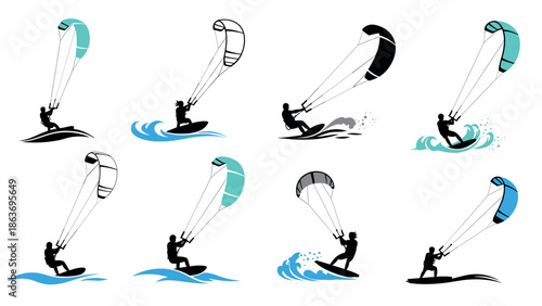 Dynamic kite surfing silhouettes with various color accents and motion effects