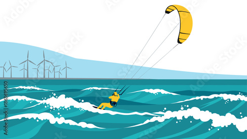 Kite surfer navigating ocean waves near offshore wind turbines in a vibrant minimalist style