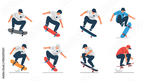 Dynamic skateboarding tricks collection: flat design skateboarders in motion