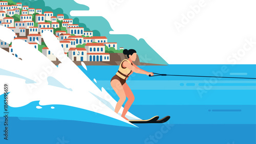 Woman water skiing near coastal village in vibrant flat design