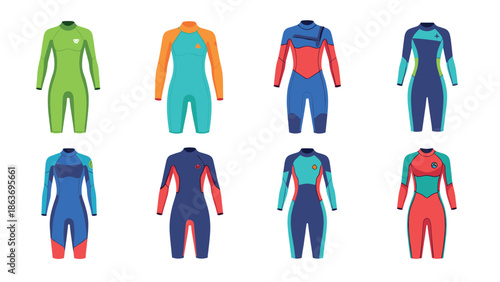 Variety of colorful surfing wetsuits in modern flat design