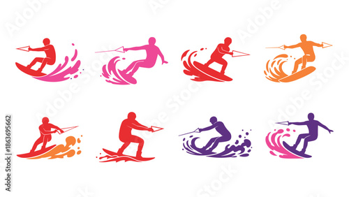 Colorful adventure: dynamic water sports silhouettes featuring energetic wakeboarders and surfers
