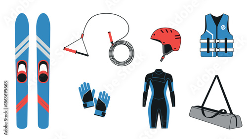 Water sports gear collection: ski, wetsuit, helmet, life vest, rope, bag, gloves