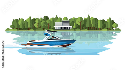 Modern speedboat on lake with forest and building in background