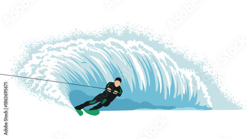 Dynamic water skiing action with surfer cutting through surf wave in minimalist style