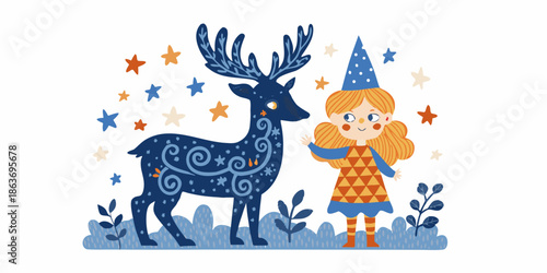 A whimsical illustration featuring a blue deer and a little wizard girl