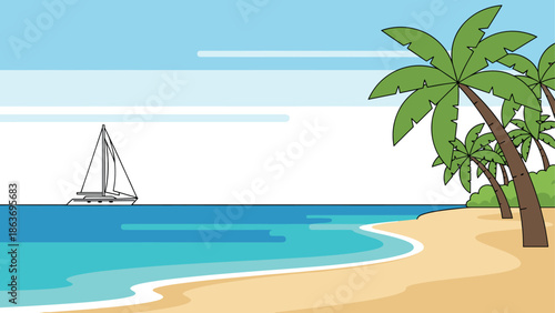 Tranquil tropical beach scene with palm trees and sailboat in flat design