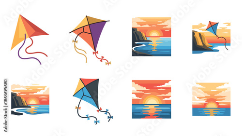 Colorful kites and stunning sunsets over ocean cliffs