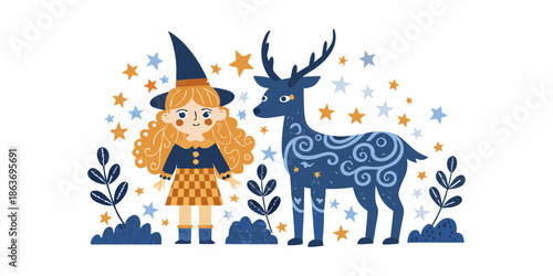 A whimsical illustration of a young witch with a majestic antlered deer