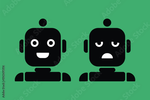 Two robot heads display opposing emotions of happiness and boredom clearly.
