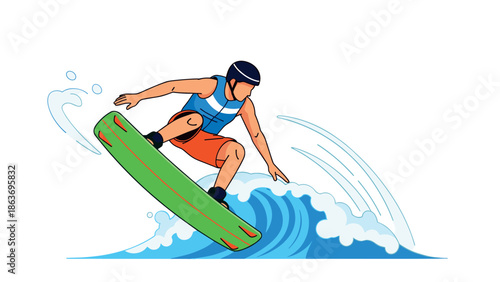 Surfer riding the waves in vibrant cartoon style