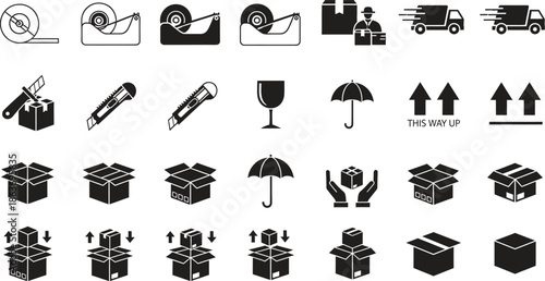 Black and white logistics and shipping icons set
