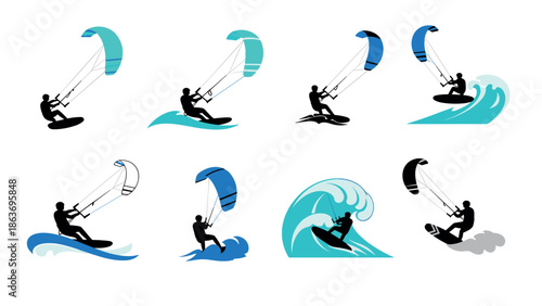Kiteboarding adventure icons: dynamic silhouettes and waves