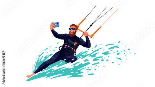 Kitesurfer taking selfie: adventure on waves with action camera on ocean