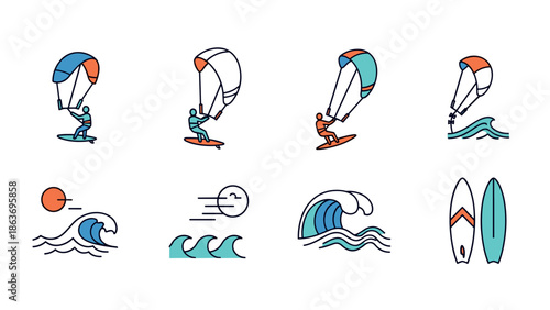 Colorful kite surfing and ocean waves in modern line art style