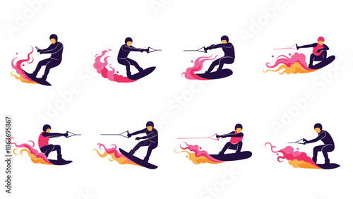 Dynamic silhouette of wakeboarders with vibrant water splash effects