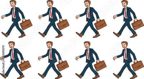 A cartoon illustration of a businessman walking in multiple directions with a briefcase in hand.