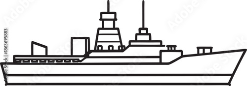 A Simple Black and White Line Drawing of a Modern Warship or Destroyer