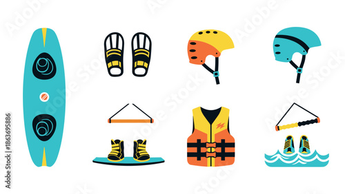 Colorful wakeboarding equipment set featuring helmets, boards, and safety gear