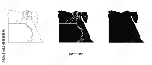 Egypt map vector set with administrative divisions in black and white, country outline and political regions illustration