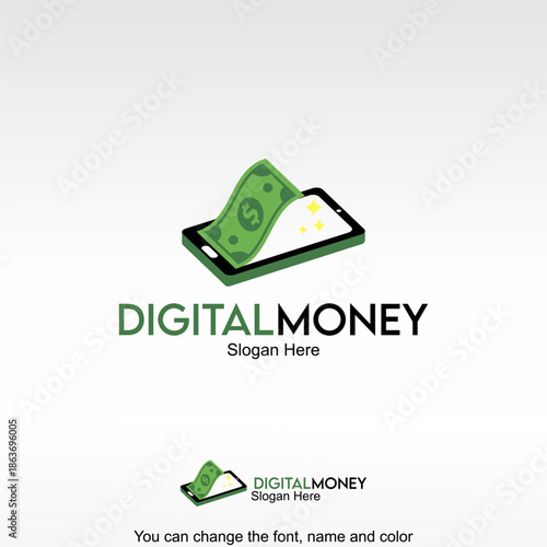 Digital Money Logo Template Design Vector. A smartphone with digital cash symbolizing electronic payments, digital wallets, and modern financial transactions.