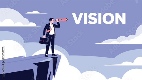 A businessman stands on the edge of a cliff looking through a telescope at a vision for the future.