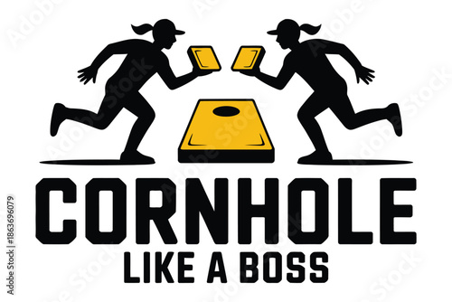 Two women players run toward a cornhole board with throwing bags.