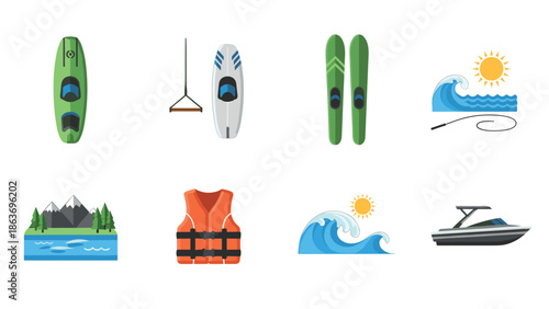 Water sports icons: surfboards, life jacket, skis, and motorboat in modern style