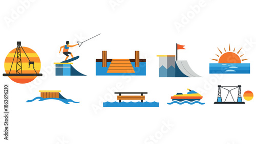 Flat nautical adventure icons featuring wakeboarding and scenic sunsets