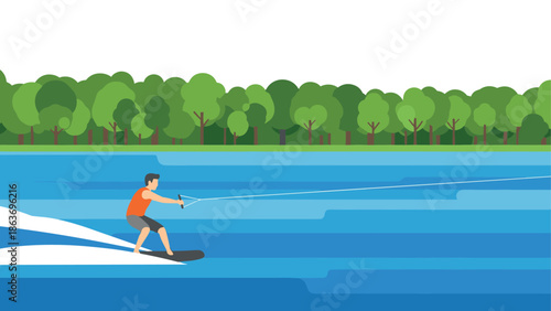 Wakeboarding adventure on a lake with forest background in flat design